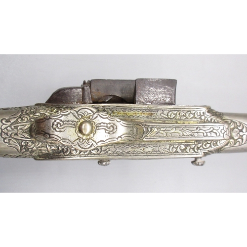 54 - Greek / Balkan 18 bore Miquelet holster pistol, full white metal stock and muzzle sheath, 13