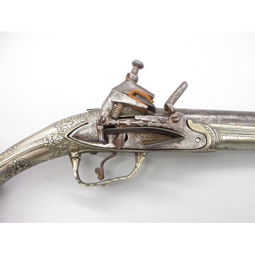 54 - Greek / Balkan 18 bore Miquelet holster pistol, full white metal stock and muzzle sheath, 13