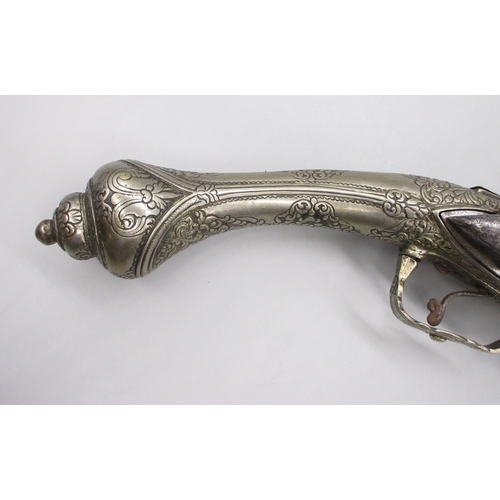 54 - Greek / Balkan 18 bore Miquelet holster pistol, full white metal stock and muzzle sheath, 13