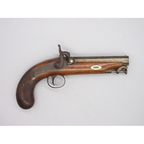 Irish percussion (converted from flintlock) 22 bore pocket pistol by Richardson, 5" octagonal barrel engraved, `Richardson Youghai' (Cork) stamped `CB-1202', named lock and stirrup ramrod, 24.5cm overall

Shipping £33.00 plus vat (UK Only)