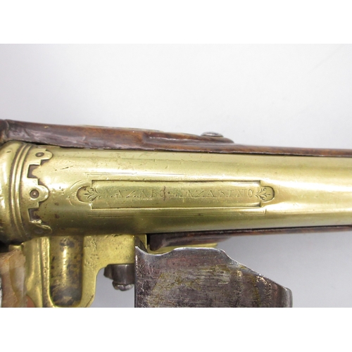 57 - 18th Century Italian 20 bore brass barrelled holster pistol, 12