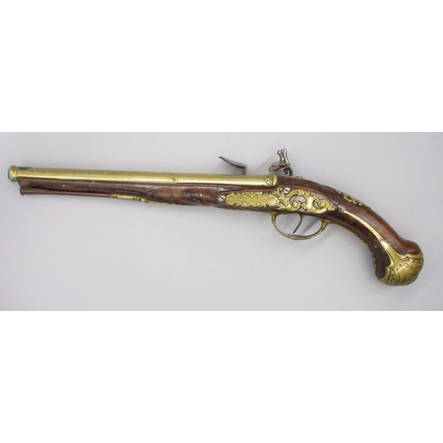 57 - 18th Century Italian 20 bore brass barrelled holster pistol, 12