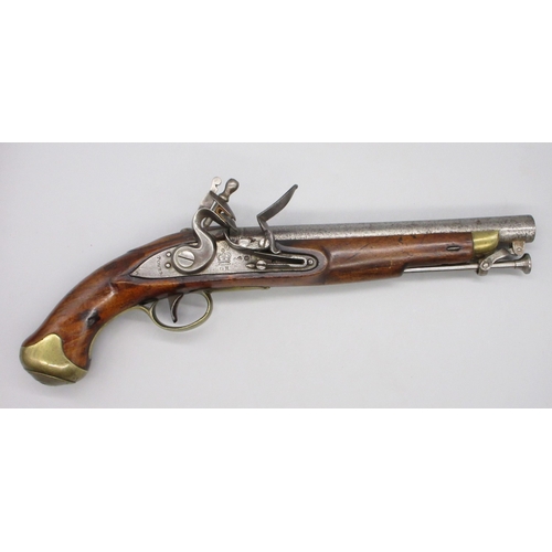 British military .700 flintlock cavalry service pistol, 9" barrel with proof stamps, `Crowned GR Tower' lock, brass mounts and stirrup ramrod, 39cm overall

Shipping £38.00 plus vat (UK Only)