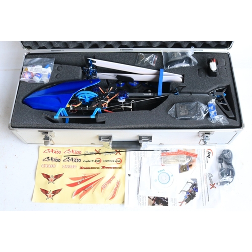 33 - Three large scale radio controlled models to include two helicopters, a Copter X450 in metal flight ... 