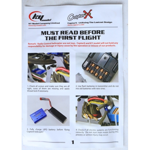 33 - Three large scale radio controlled models to include two helicopters, a Copter X450 in metal flight ... 