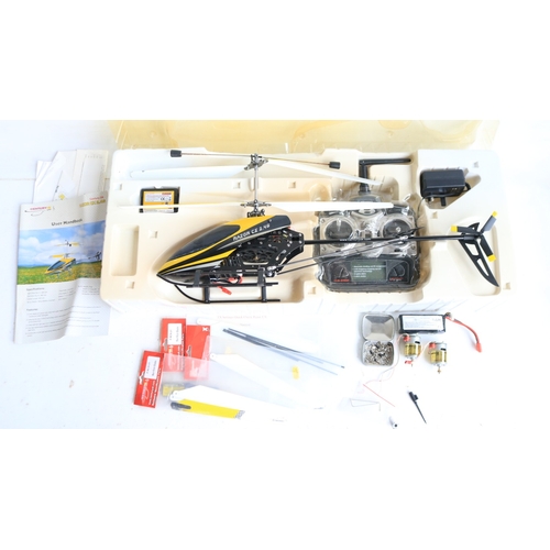 33 - Three large scale radio controlled models to include two helicopters, a Copter X450 in metal flight ... 