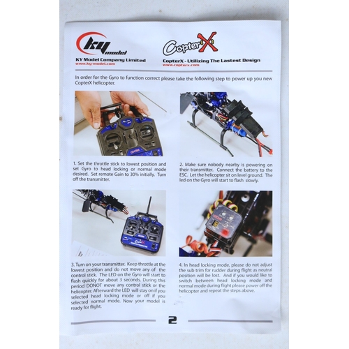 33 - Three large scale radio controlled models to include two helicopters, a Copter X450 in metal flight ... 
