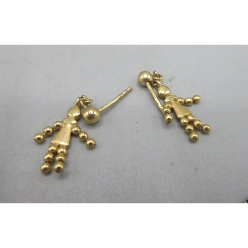 22 - 9ct yellow gold articulated ball body man pendant on 9ct yellow gold chain, L45cm, and a pair of sim... 