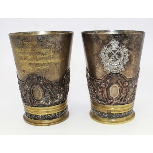 Pair of silver plate, brass and copper Military goblets. Presented from ...