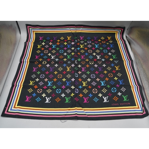 Louis Vuitton X Takashi Murakami S/S 2003 multicolour monogram cotton scarf on black ground, 54cm, brand new unused condition