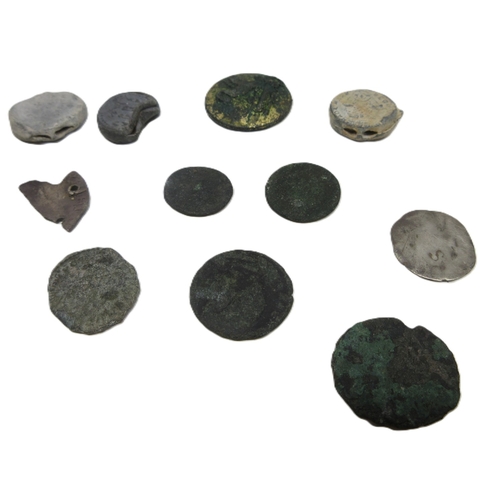 625 - Boxed collection of metal detector findings incl. two miners' tokens (Gresford Colliery), medieval f... 