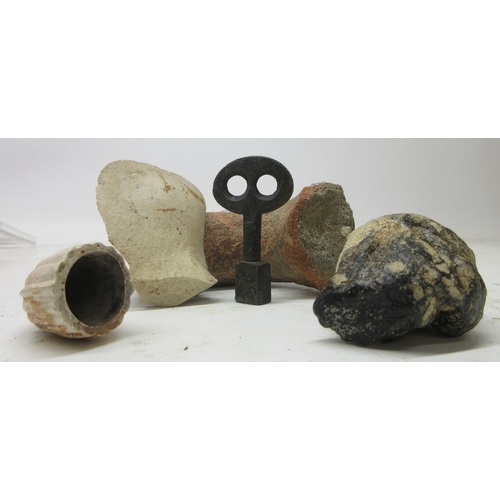 625 - Boxed collection of metal detector findings incl. two miners' tokens (Gresford Colliery), medieval f... 