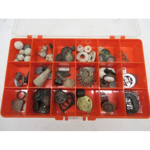 625 - Boxed collection of metal detector findings incl. two miners' tokens (Gresford Colliery), medieval f... 