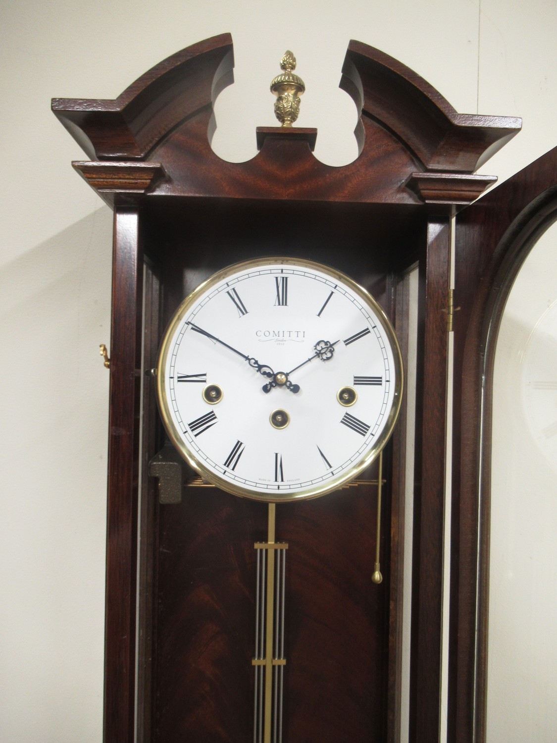 Comitti London, inlaid mahogany 8 Day wall clock, swan neck pediment ...