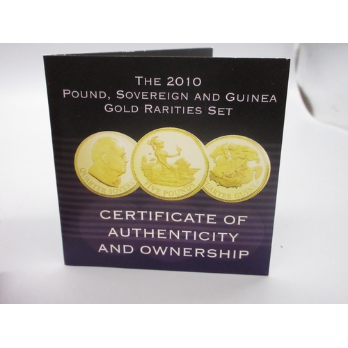 30 - The London Mint Office - The 2010 Pound, Sovereign and Guinea Gold Rarities 3 coin Set comprising Fi... 