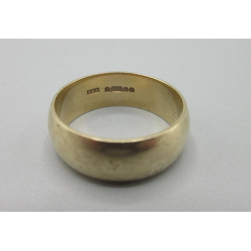15 - 9ct yellow gold wedding band, stamped 375, 22.11.69 inner engraving, width 8mm, size S1/2, 6.5g

Bra... 