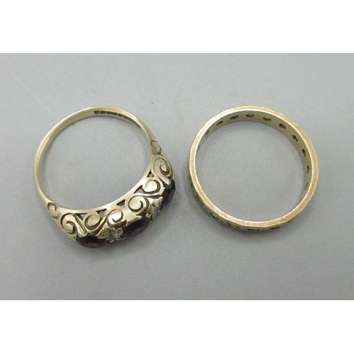 18 - 9ct rose gold ring set with red and white stones, stamped 375, size N, 9ct rose gold eternity ring s... 