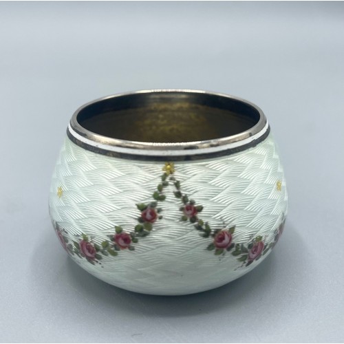 54 - Early 20th century siler guilloche enamel dressing table pot, white enamel decorated with a swag of ... 