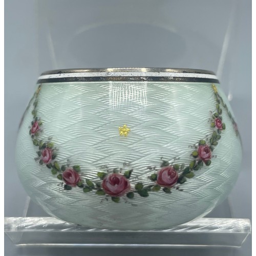 54 - Early 20th century siler guilloche enamel dressing table pot, white enamel decorated with a swag of ... 