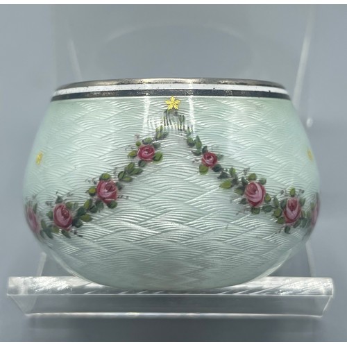 54 - Early 20th century siler guilloche enamel dressing table pot, white enamel decorated with a swag of ... 