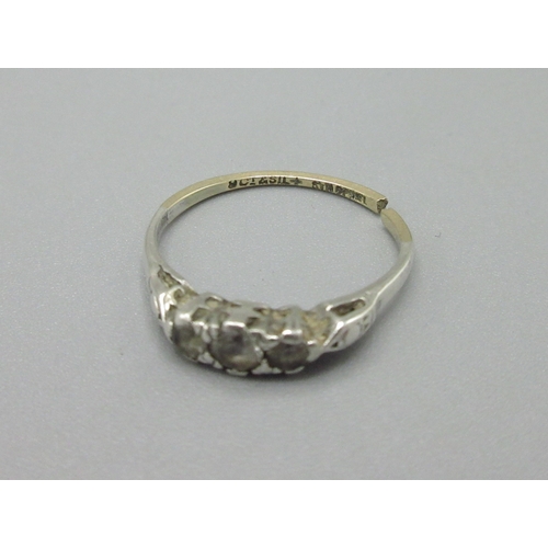 25 - 9ct yellow gold and silver ring set with three clear stones, size N1/2, four equestrian related broo... 