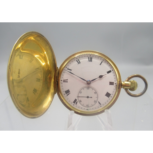 681 - Swiss, presentation 18ct gold keyless hunter pocket watch, white enamel Roman dial with subsidiary s...