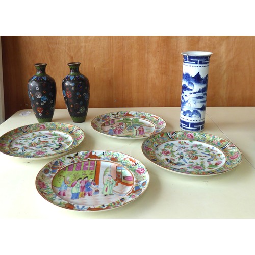 688 - Four Canton Famille rose plates, two with central court scenes, two with botanical patterns, D25cm a... 