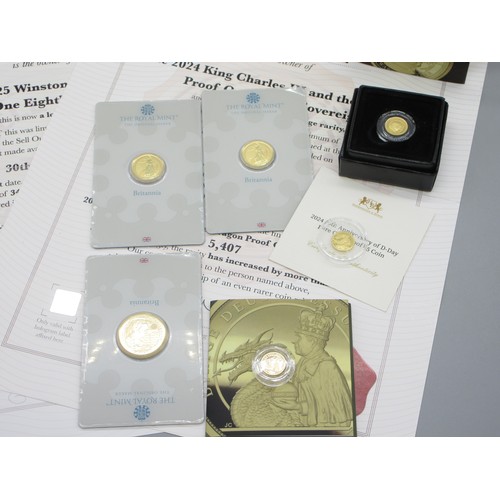 41 - The Royal Mint 1/4oz and 2 1/10oz Gold Britannia's, Hatton's of London 2024 One-Eighth Sovereign wit... 