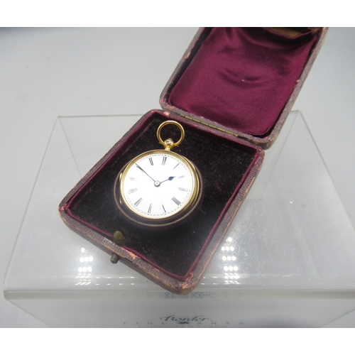 Victorian 18ct gold key wound fob watch, white enamel Roman dial, double bottom case with hinged back no. 228805, Birmingham 1892, 3/4 plate movement no. 228805, gross weight 40.5g, D35.3mm
Bradley's Shipping £28.00 plus vat (UK Only)