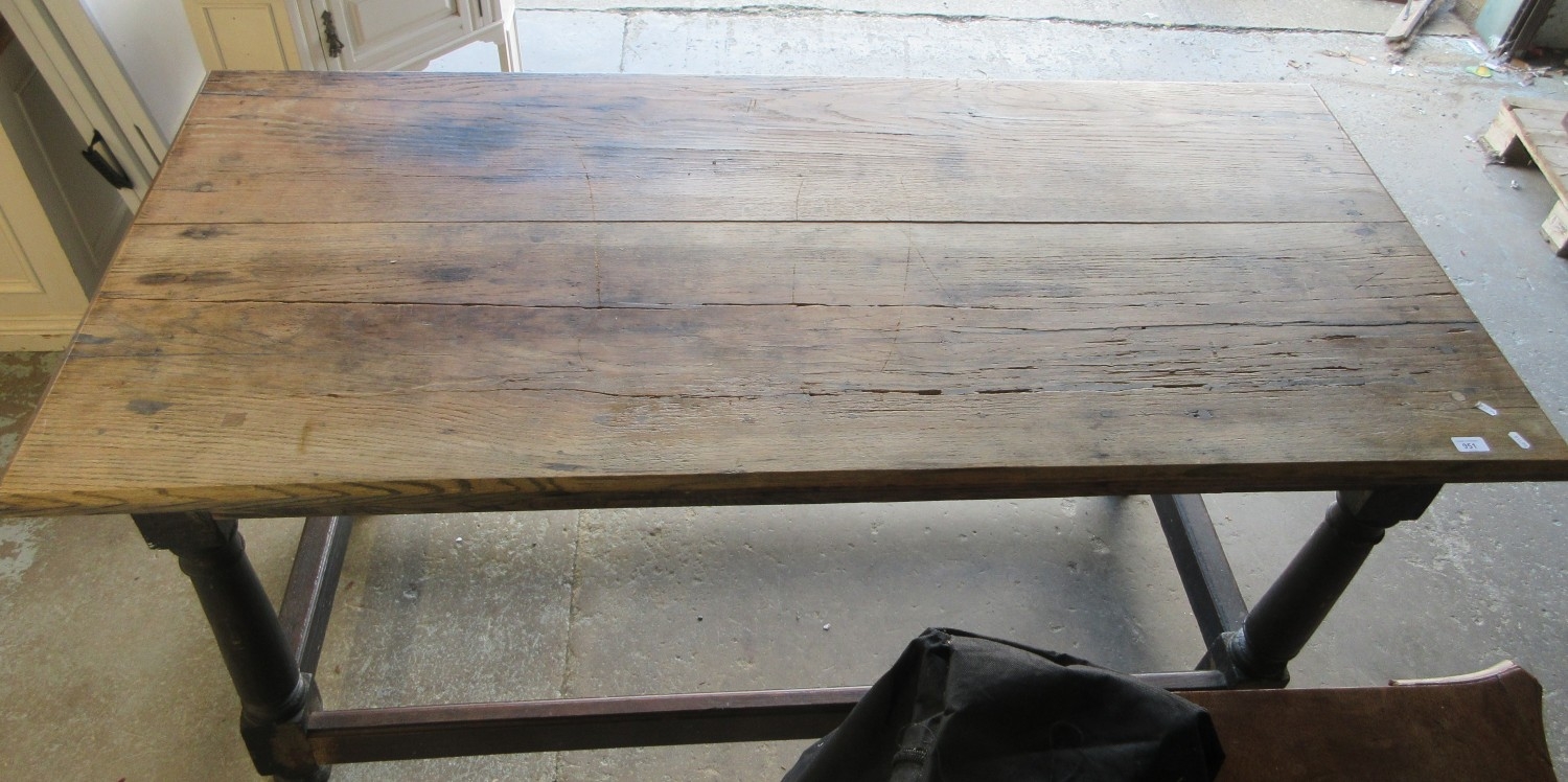 Oak rectangular refectory style table, planked top on turned and block ...