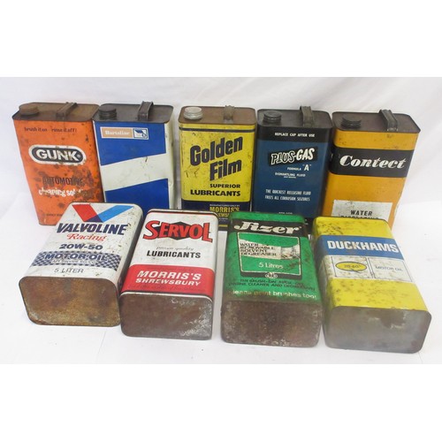 Nine large oil cans from various manufacturers incl. Gunk, Bartoline