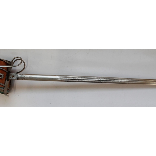 226 - Quality copy of a C19th Scottish Basket hilt Broadsword, etching to blade, steel scabbard with two s... 