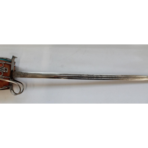 226 - Quality copy of a C19th Scottish Basket hilt Broadsword, etching to blade, steel scabbard with two s... 