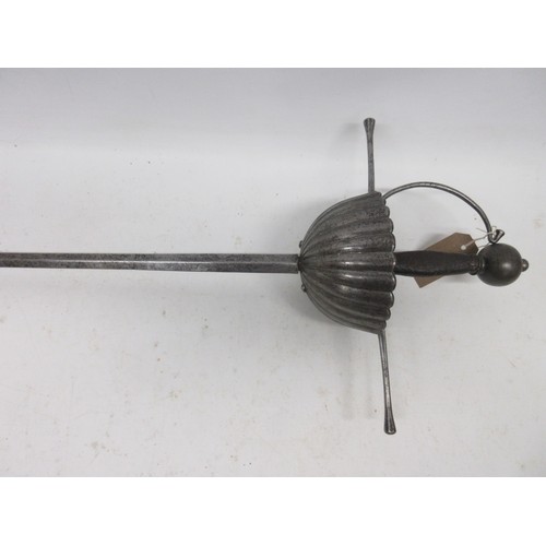 229 - 17th century English style cup-hilt rapier, 97cm double blade tapering to a blunted point; wooden gr... 