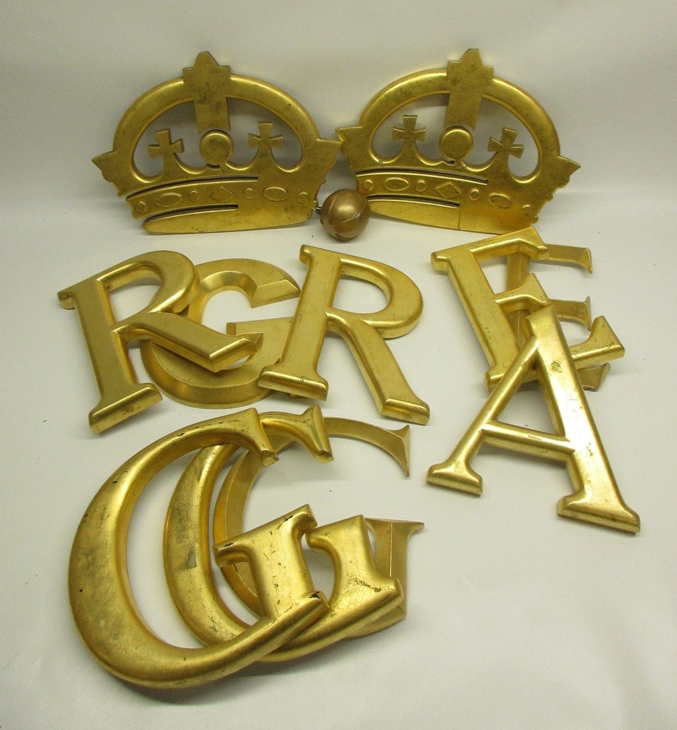 Collection of wooden pub sign letters and fittings with gilt paint ...