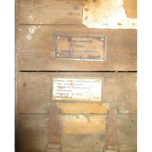 137 - Mid-century British hand-operated air raid siren, complete with transport crate and instructions.
Sh... 