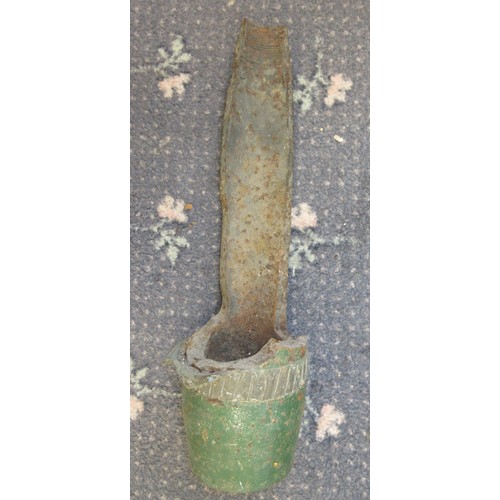 138 - Collection of ammunition items, shell loader, incendiary shovel, large piece of shrapnel, stirrup pu... 