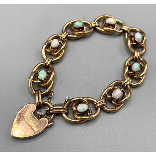 1012 - Edwardian 9ct rose gold fancy link chain bracelet set with opals, stamped 375, Birmingham 1907, 19.9... 
