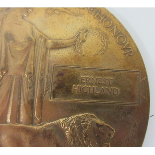 14 - 1914 'Mons' Star To 68 Pte E. Highland 3rd Rifle Brigade.  Memorial Plaque sent to the family of Ern... 