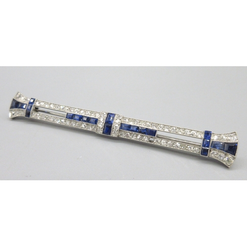 1000 - House of Marchak Art Deco diamond and sapphire bar brooch mounted in white metal, calibre cut sapphi... 