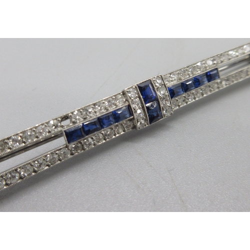 1000 - House of Marchak Art Deco diamond and sapphire bar brooch mounted in white metal, calibre cut sapphi... 