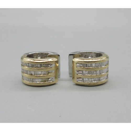 1043 - 14ct yellow and white gold hoop diamond earrings, half and half design, yellow gold set with three r... 