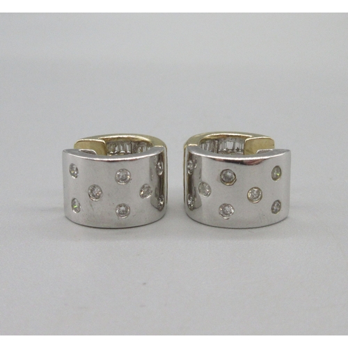 1043 - 14ct yellow and white gold hoop diamond earrings, half and half design, yellow gold set with three r... 