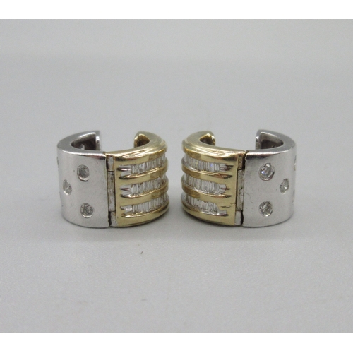 1043 - 14ct yellow and white gold hoop diamond earrings, half and half design, yellow gold set with three r... 