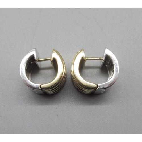1043 - 14ct yellow and white gold hoop diamond earrings, half and half design, yellow gold set with three r... 