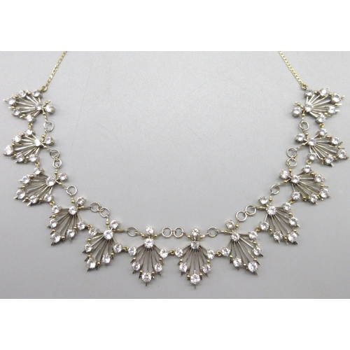 1001 - Art Deco style 9ct yellow gold diamond necklace, fringe necklace comprised of twelve linked sprays o... 