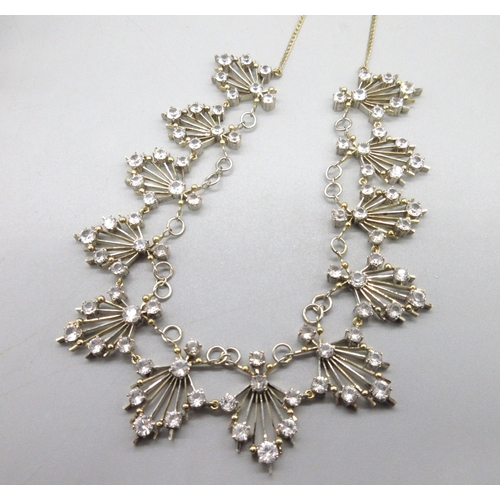 1001 - Art Deco style 9ct yellow gold diamond necklace, fringe necklace comprised of twelve linked sprays o... 