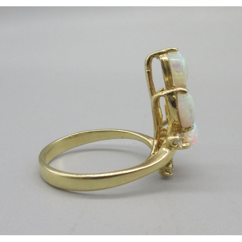 1026 - 18ct yellow gold opal and diamond ring, opals sprayed in leaf motif, stamped 18ct, size O, 4.3g

Bra... 