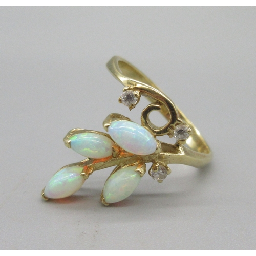 1026 - 18ct yellow gold opal and diamond ring, opals sprayed in leaf motif, stamped 18ct, size O, 4.3g

Bra... 