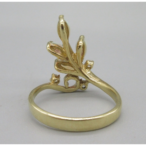 1026 - 18ct yellow gold opal and diamond ring, opals sprayed in leaf motif, stamped 18ct, size O, 4.3g

Bra... 